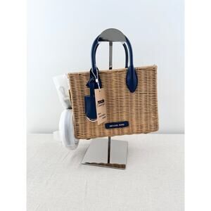 NWT Michael Kors Mirella Wicker Small Crossbody Shopper Tote Bag Beige Navy